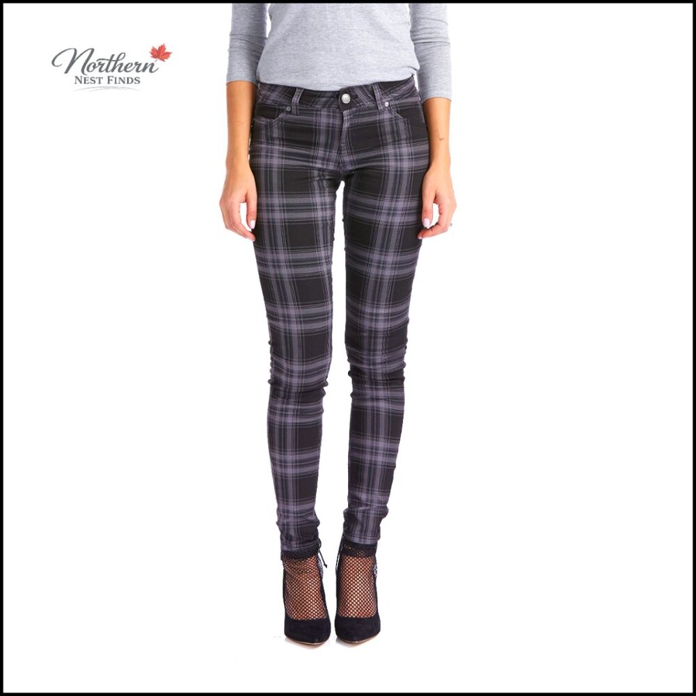 Mid Rise Skinny Stretch Jeans Plaid Tartan Pants